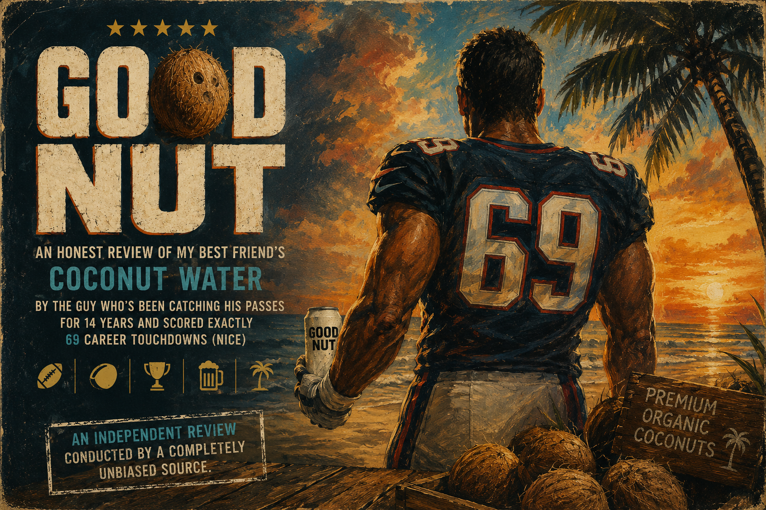 Dramatic parody poster of a football player inspecting a coconut water can.