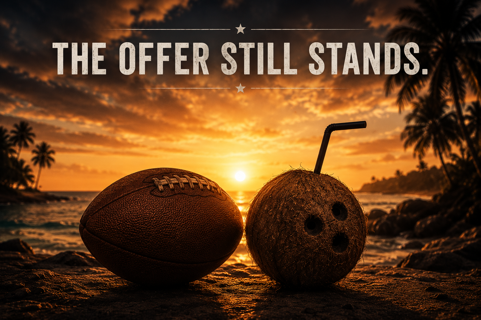 sunset beach with football and coconut