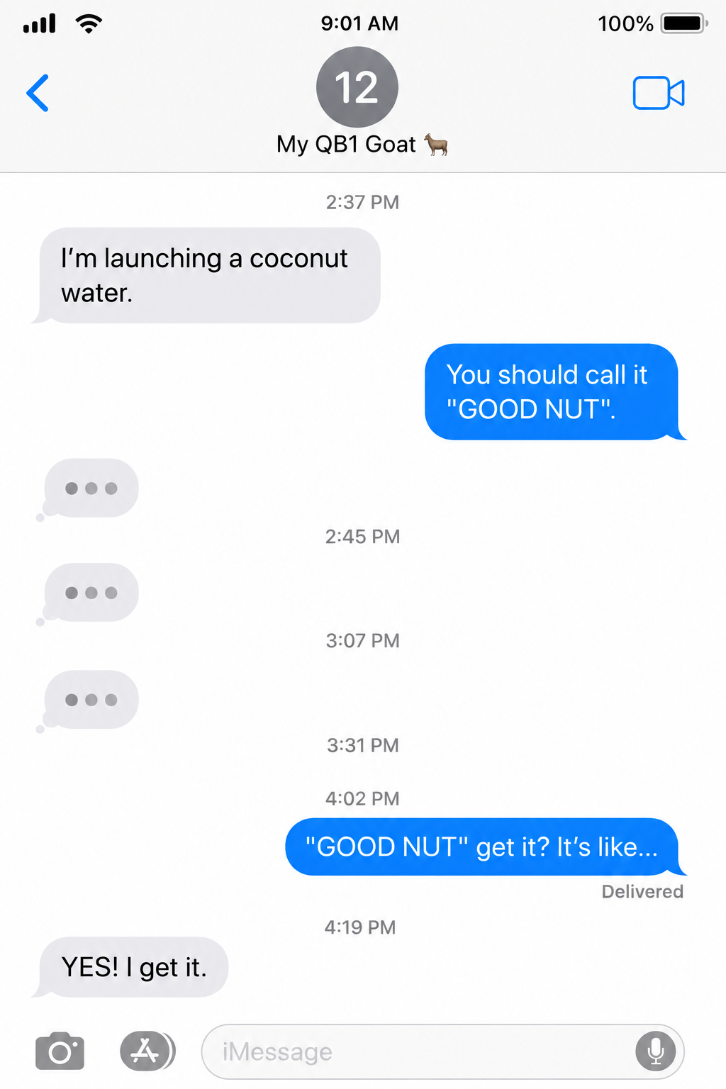 Parody iMessage screenshot with contact My QB1 Goat.
